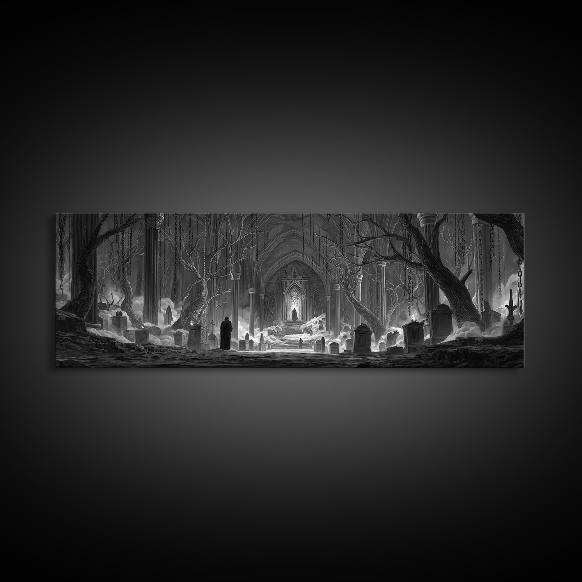 The Upside-Down Cemetery, Extra Wide Wall Art, Gothic Horror Wall Art, Framed Canvas Print, Halloween Wall Decor, Gothic Home Decor