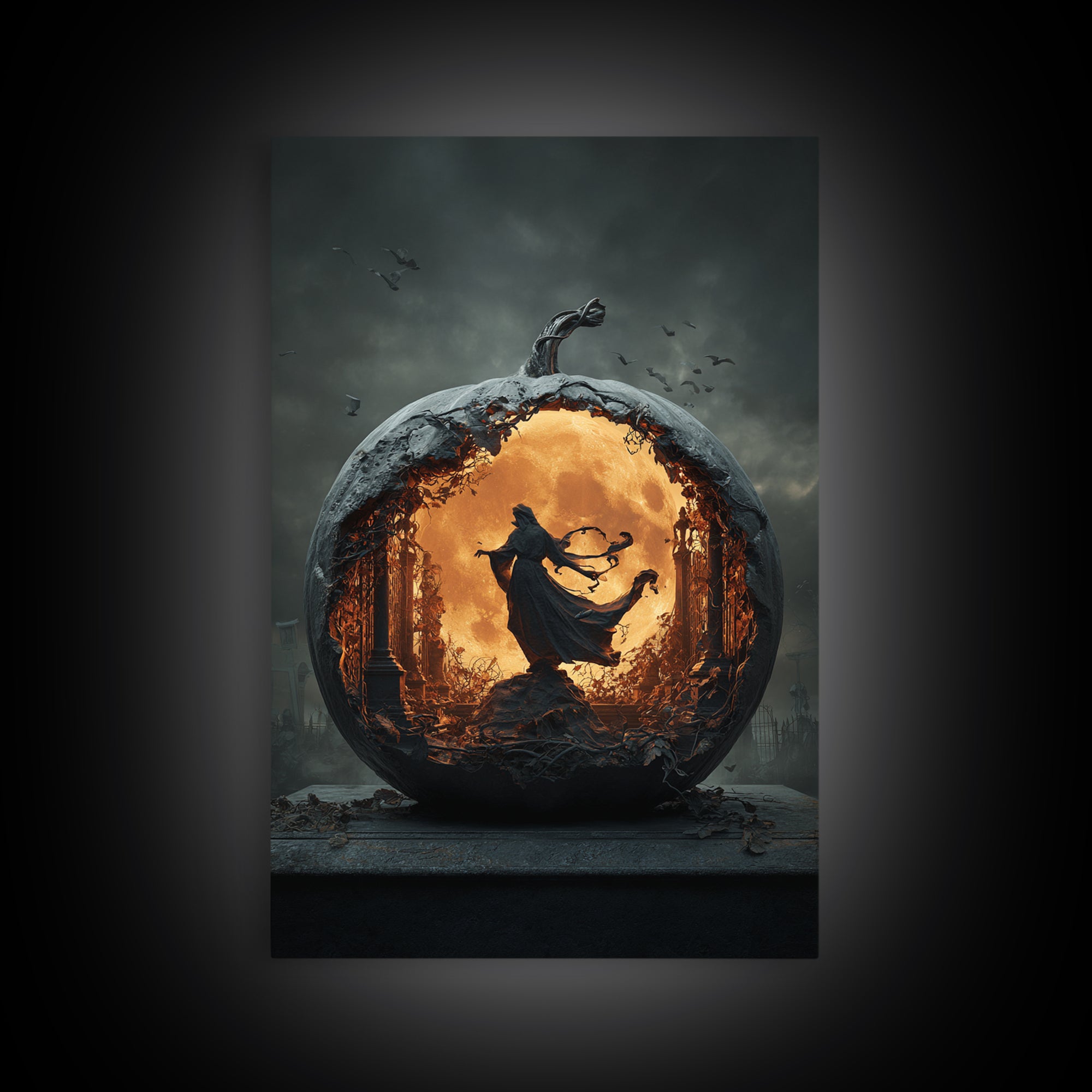 The Moon Inside A Pumpkin, Vertical Wall Art, Spooky Home Decor, Canvas Print, Halloween Wall Decor, Gothic Home Decor, Halloween Wall Art