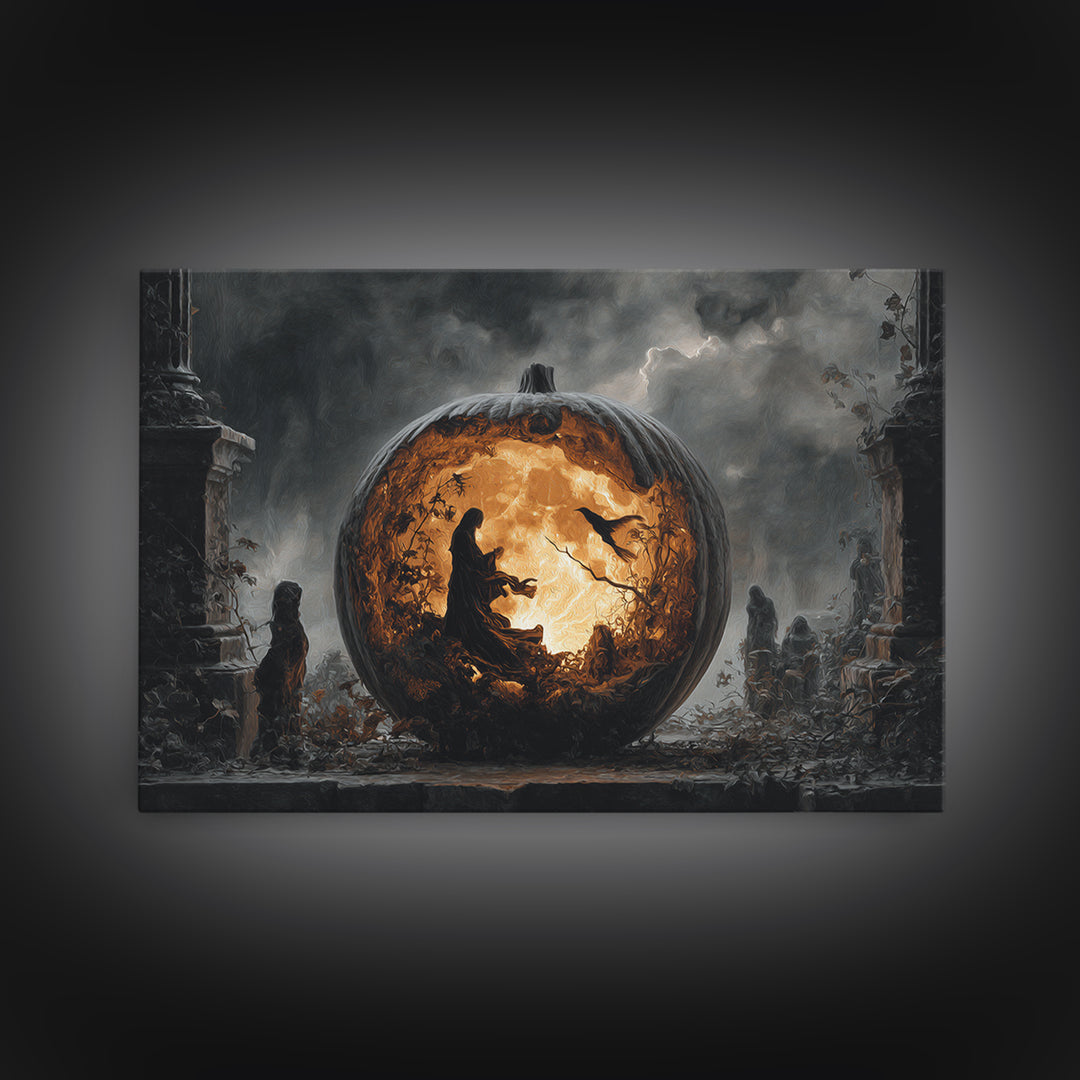 The Moon Inside A Pumpkin, Landscape Wall Art, Macabre Wall Art, Framed Canvas Print, Halloween Wall Decor, Gothic Home Decor