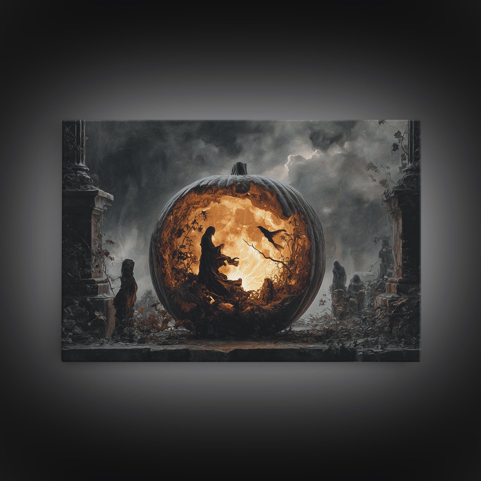 The Moon Inside A Pumpkin, Landscape Wall Art, Macabre Wall Art, Framed Canvas Print, Halloween Wall Decor, Gothic Home Decor
