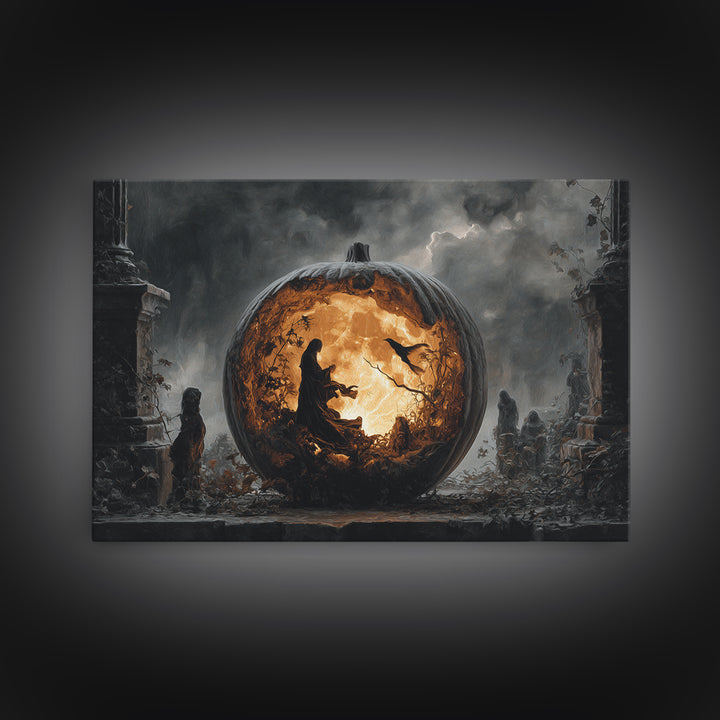 The Moon Inside A Pumpkin, Landscape Wall Art, Macabre Wall Art, Framed Canvas Print, Halloween Wall Decor, Gothic Home Decor