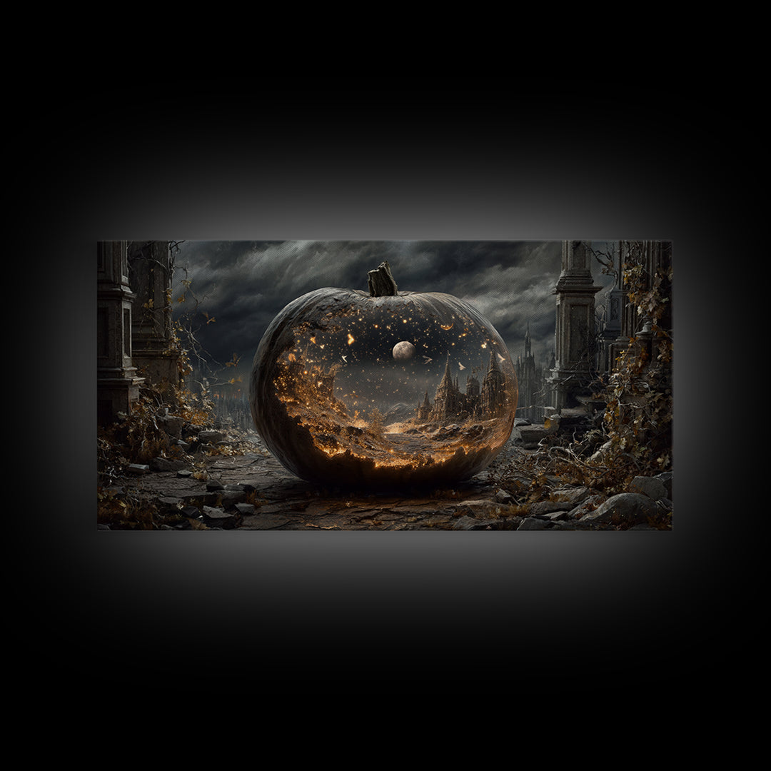 The Moon Inside A Pumpkin, Wide Panoramic Art, Dark Halloween Decor, Canvas Print, Halloween Wall Decor, Gothic Home Decor