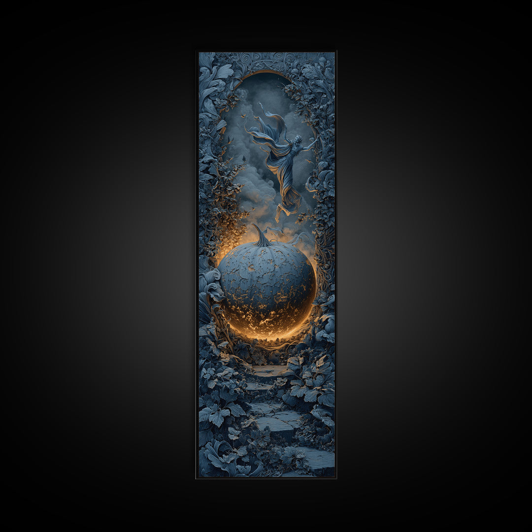 The Moon Inside A Pumpkin, Tall Narrow Wall Art, Macabre Wall Art, Framed Canvas Print, Halloween Wall Decor, Gothic Home Decor