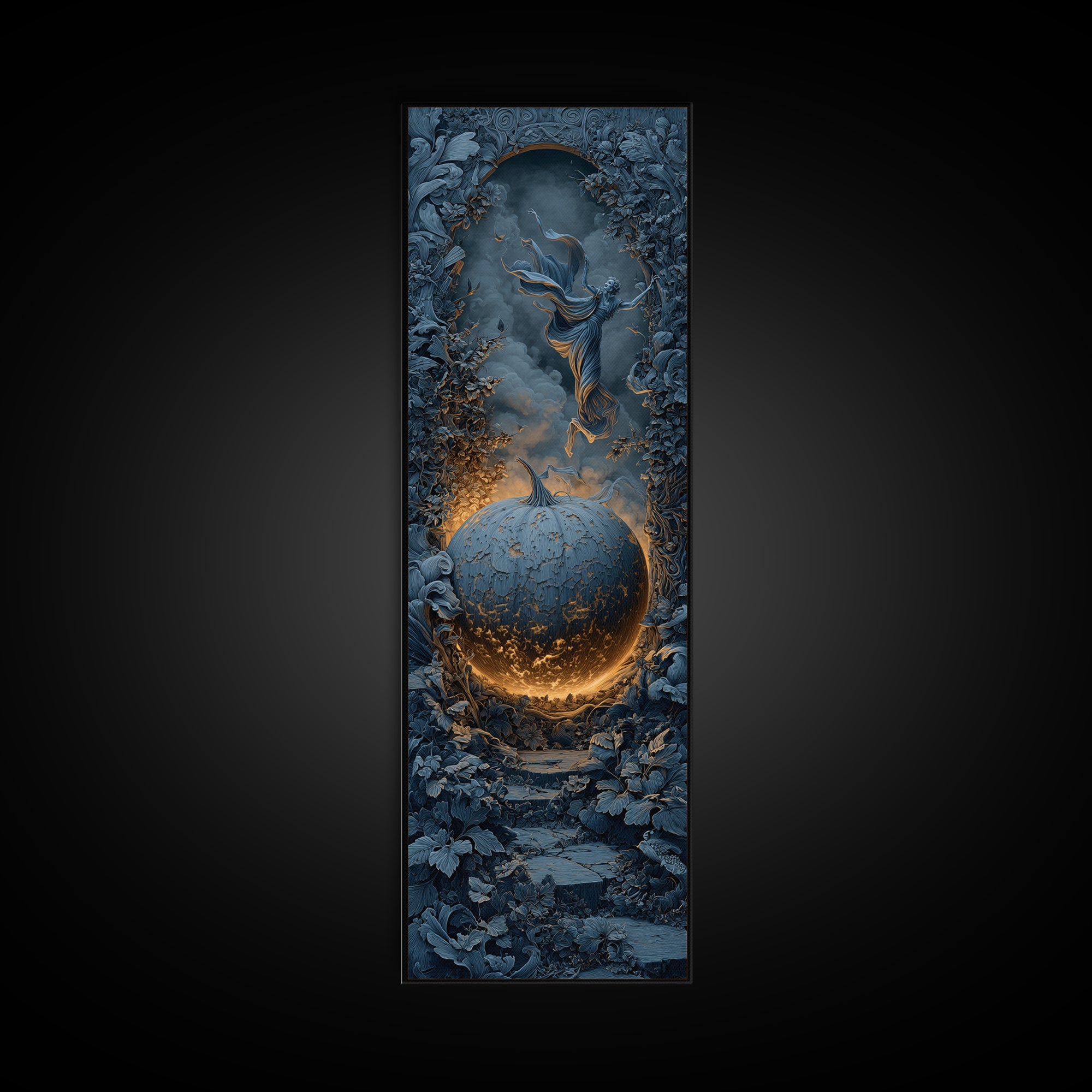 The Moon Inside A Pumpkin, Tall Narrow Wall Art, Macabre Wall Art, Framed Canvas Print, Halloween Wall Decor, Gothic Home Decor