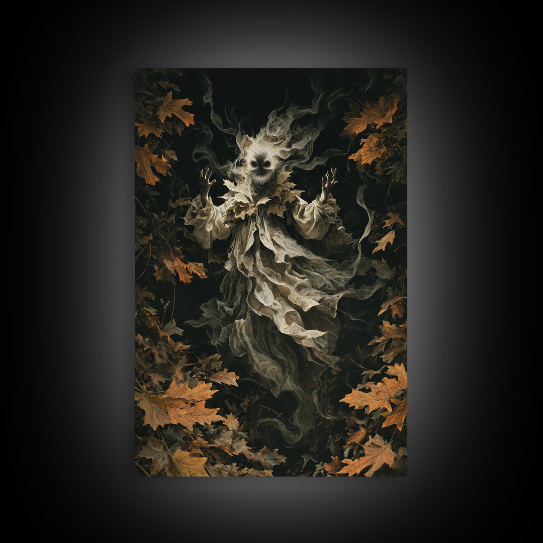 The Autumn-Leaf Ghost, Vertical Wall Art, Gothic Horror Wall Art, Framed Canvas Print, Halloween Wall Decor, Gothic Home Decor