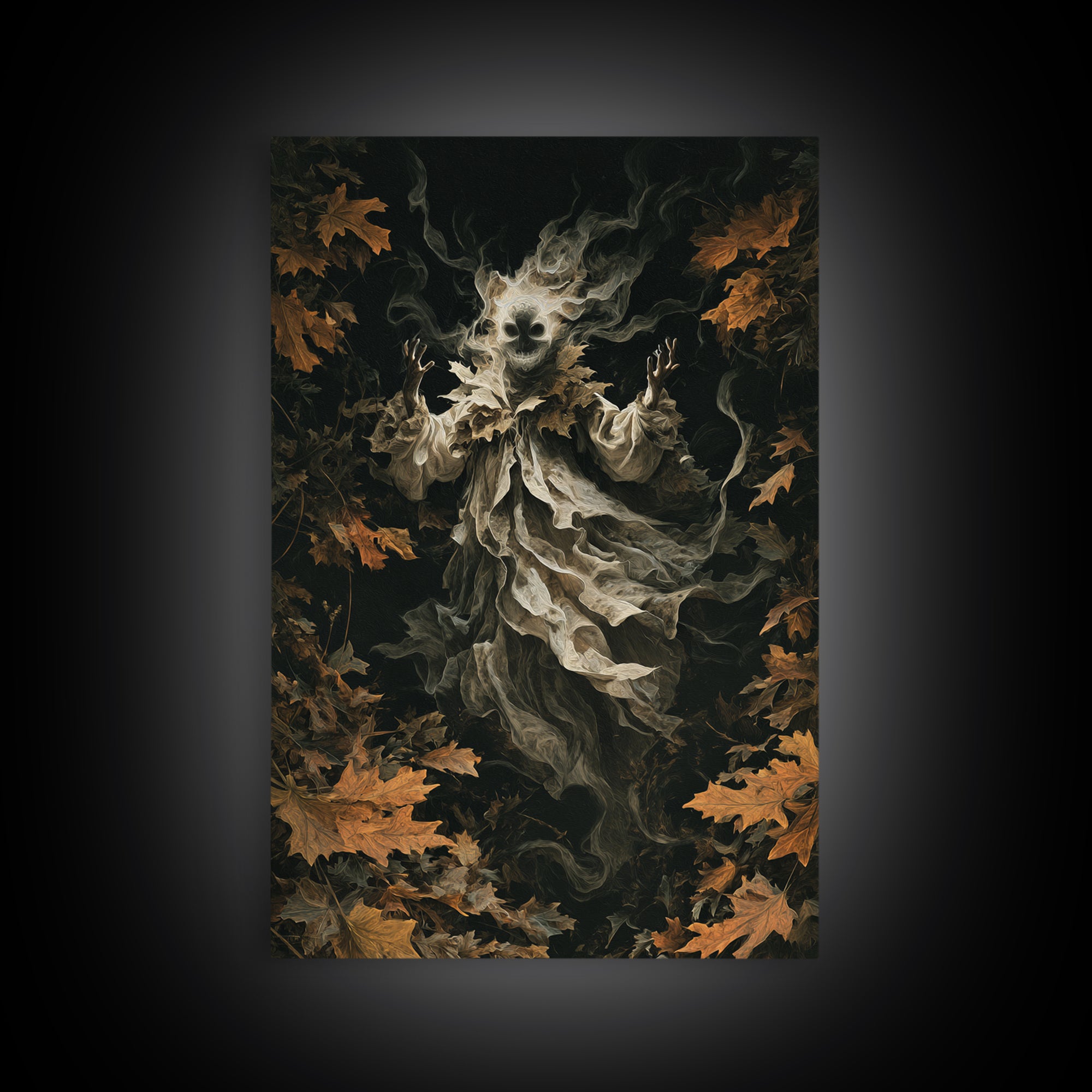 The Autumn-Leaf Ghost, Vertical Wall Art, Gothic Horror Wall Art, Framed Canvas Print, Halloween Wall Decor, Gothic Home Decor