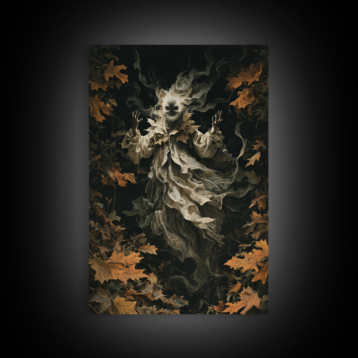 The Autumn-Leaf Ghost, Vertical Wall Art, Gothic Horror Wall Art, Framed Canvas Print, Halloween Wall Decor, Gothic Home Decor