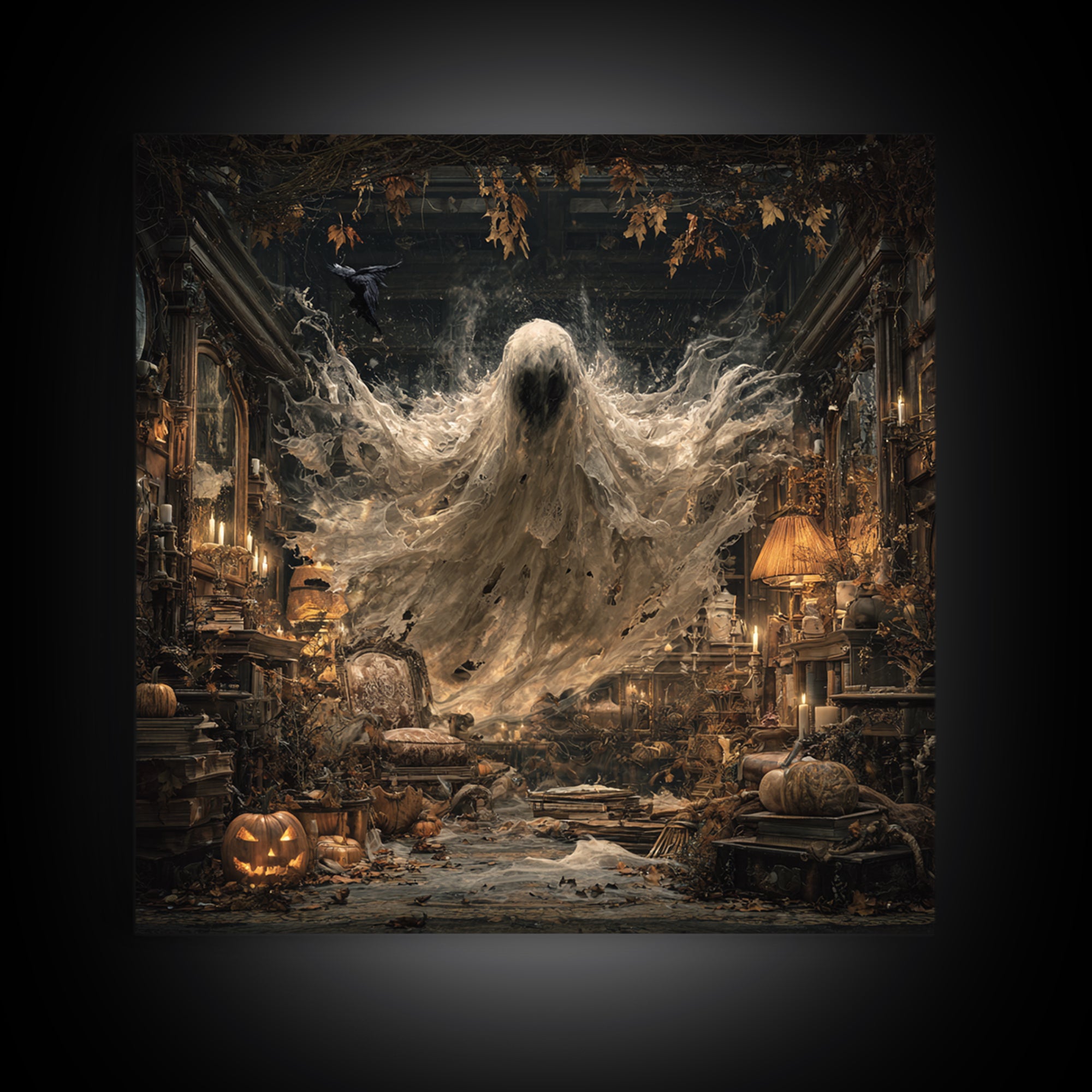 The Autumn-Leaf Ghost, Square Wall Art, Dark Fantasy Wall Art, Canvas Print, Halloween Wall Decor, Gothic Home Decor, Spooky Wall Decor