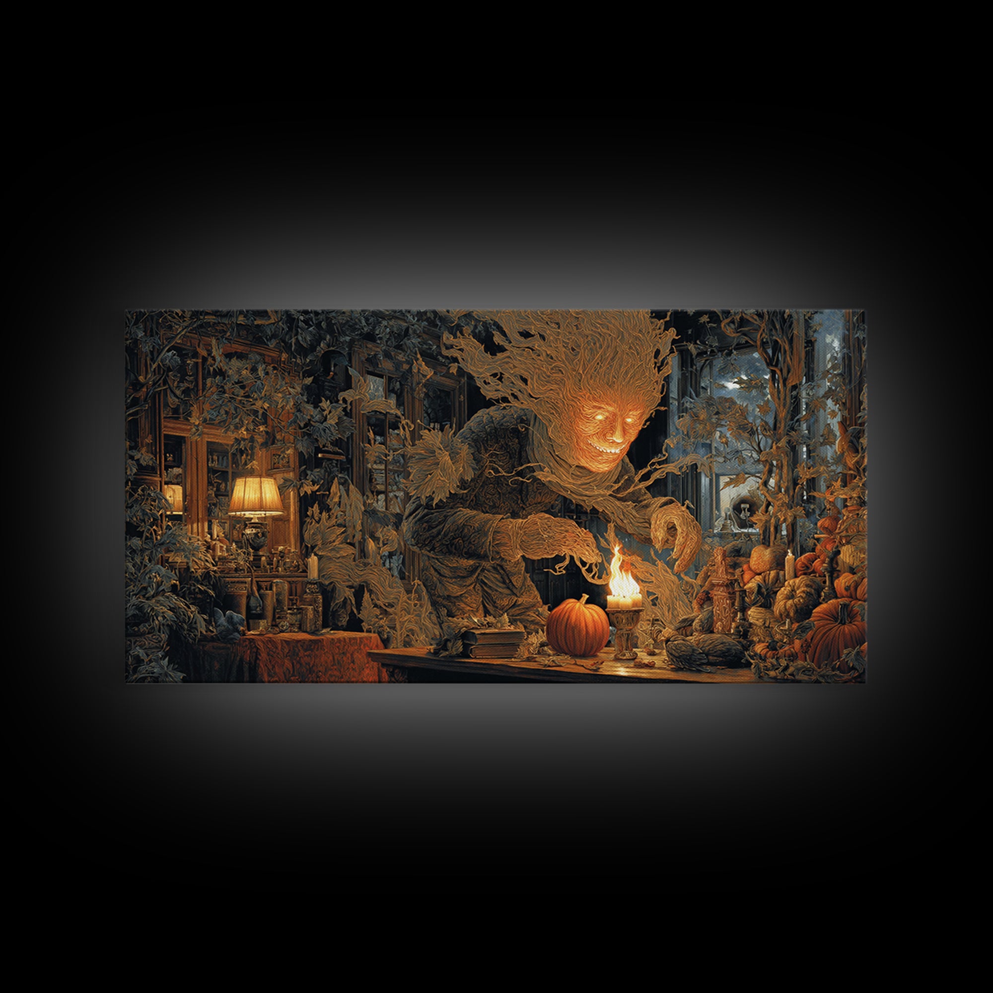 The Autumn-Leaf Ghost, Wide Panoramic Art, Macabre Wall Art, Framed Canvas Print, Halloween Wall Decor, Gothic Home Decor, Spooky Wall Decor