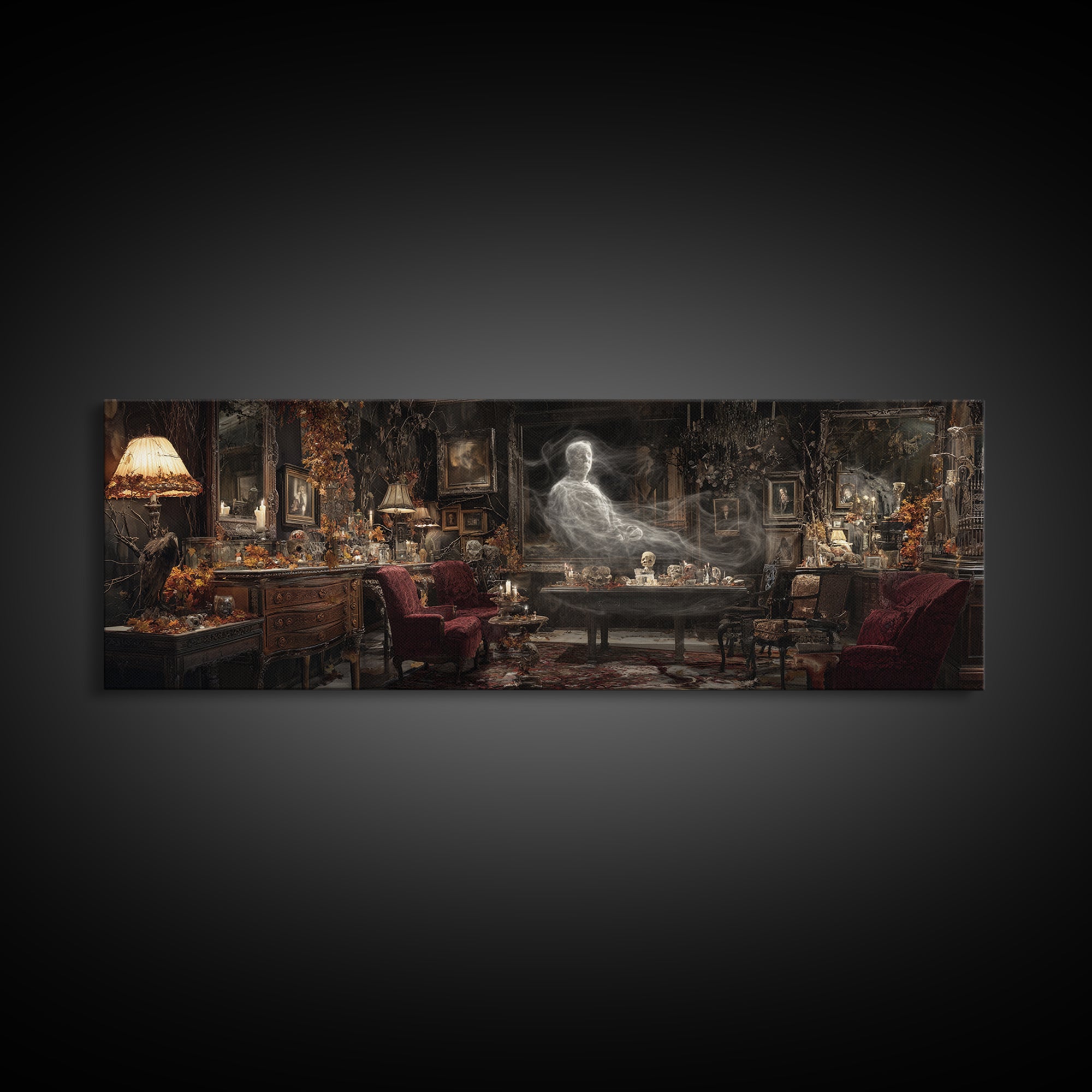 The Autumn-Leaf Ghost, Extra Wide Wall Art, Haunted Gothic Art, Framed Canvas Print, Halloween Wall Decor, Gothic Home Decor