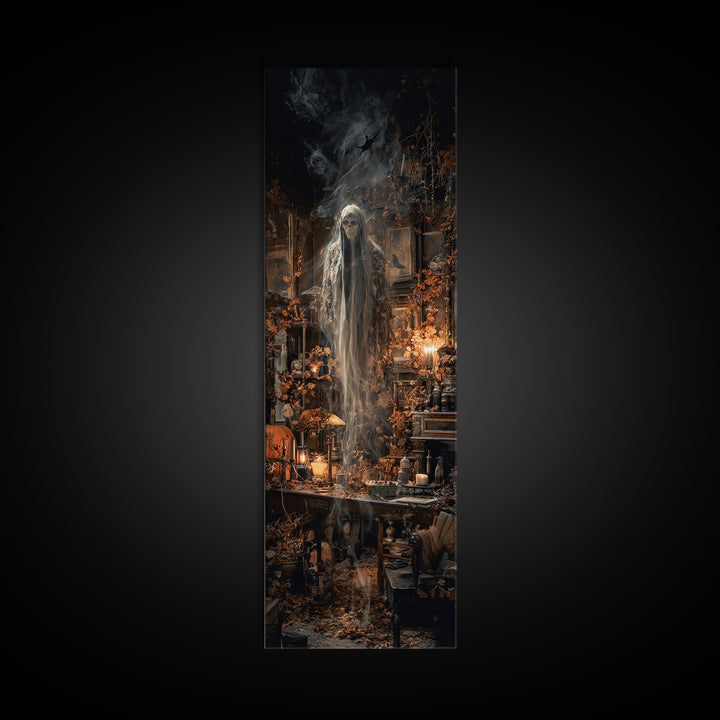 The Autumn-Leaf Ghost, Tall Narrow Wall Art, Macabre Wall Art, Framed Canvas Print, Halloween Wall Decor, Gothic Home Decor