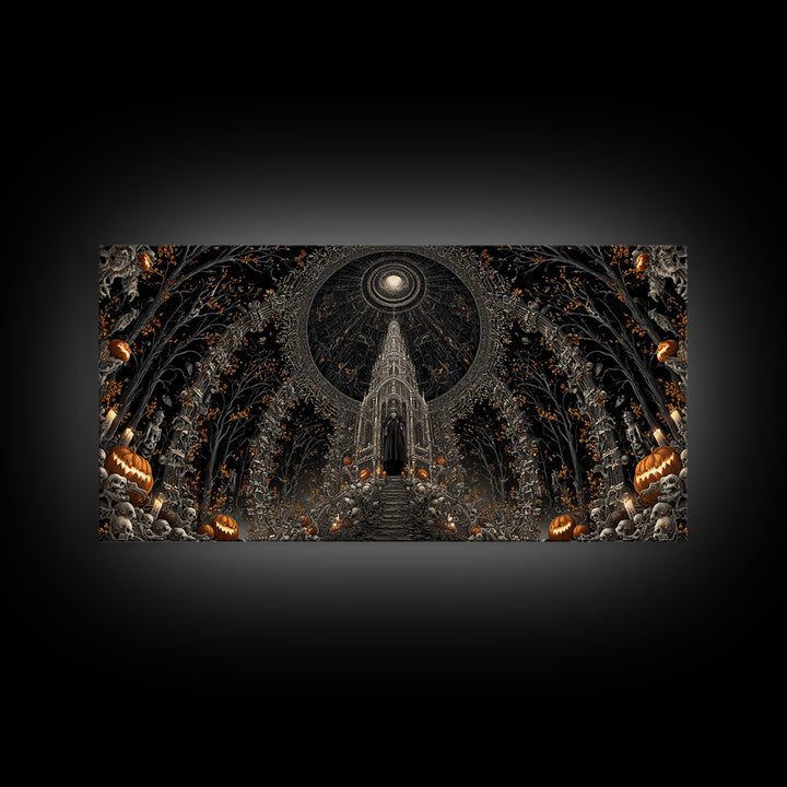 The Cathedral Of Bones, Wide Panoramic Art, Dark Halloween Decor, Canvas Print, Halloween Wall Decor, Gothic Home Decor