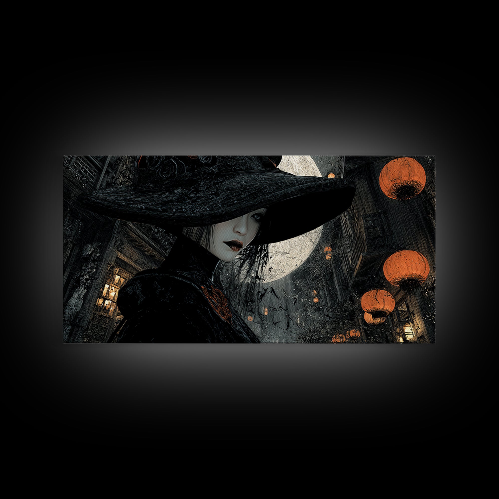The Town Where Shadows Live, Wide Panoramic Art, Dark Fantasy Wall Art, Canvas Print, Halloween Wall Decor, Gothic Home Decor