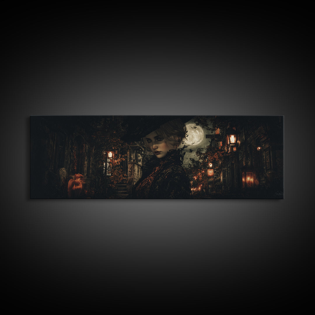 The Town Where Shadows Live, Extra Wide Wall Art, Macabre Wall Art, Framed Canvas Print, Halloween Wall Decor, Gothic Home Decor