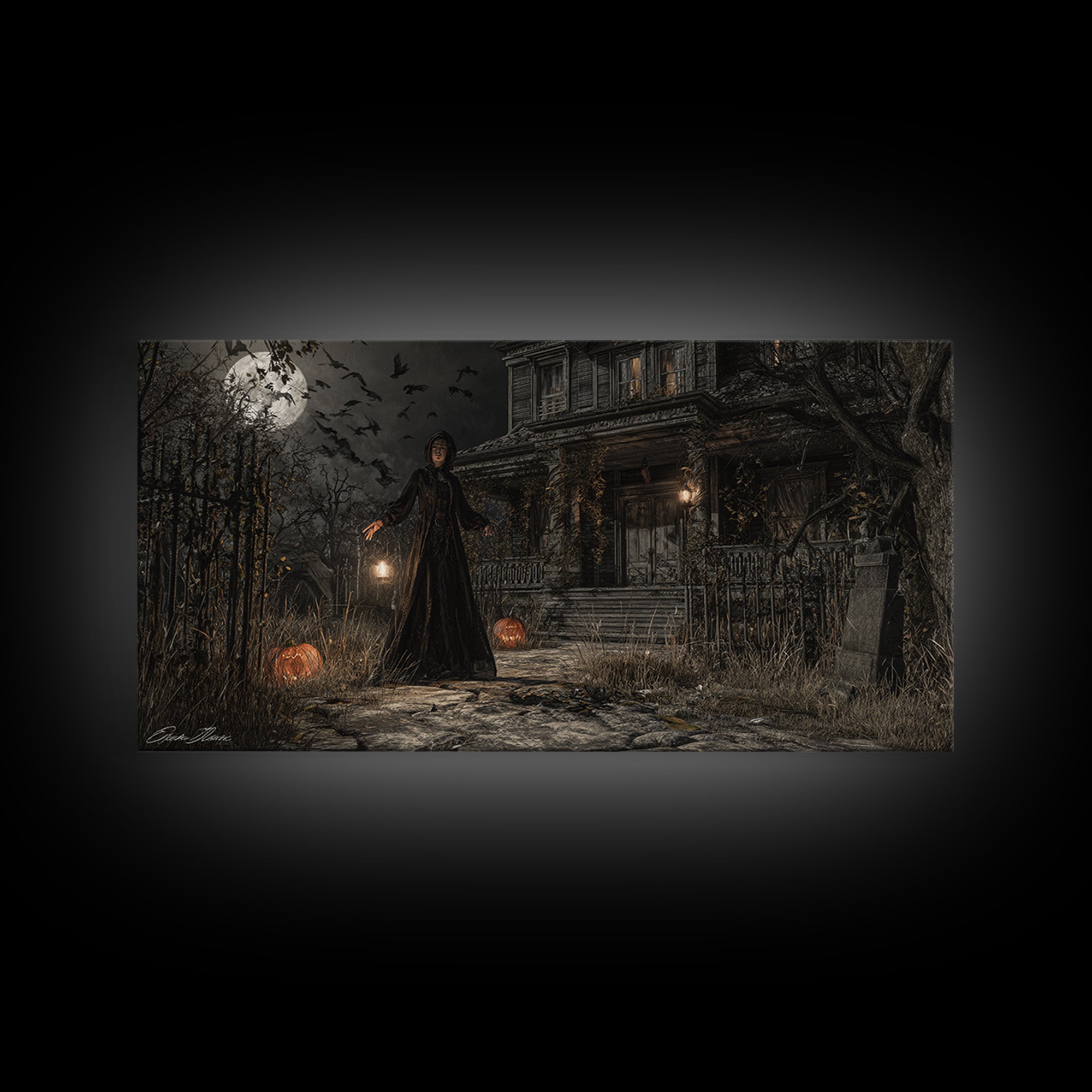 The Last House At The World'S Edge, Wide Panoramic Art, Haunted Gothic Art, Framed Canvas Print, Halloween Wall Decor, Gothic Home Decor