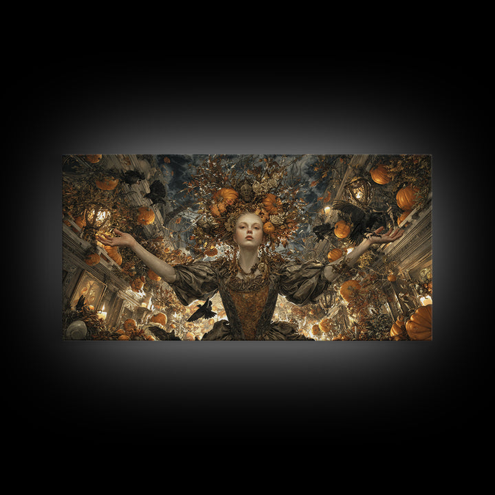 The Personification Of October, Wide Panoramic Art, Gothic Horror Wall Art, Framed Canvas Print, Halloween Wall Decor, Gothic Home Decor