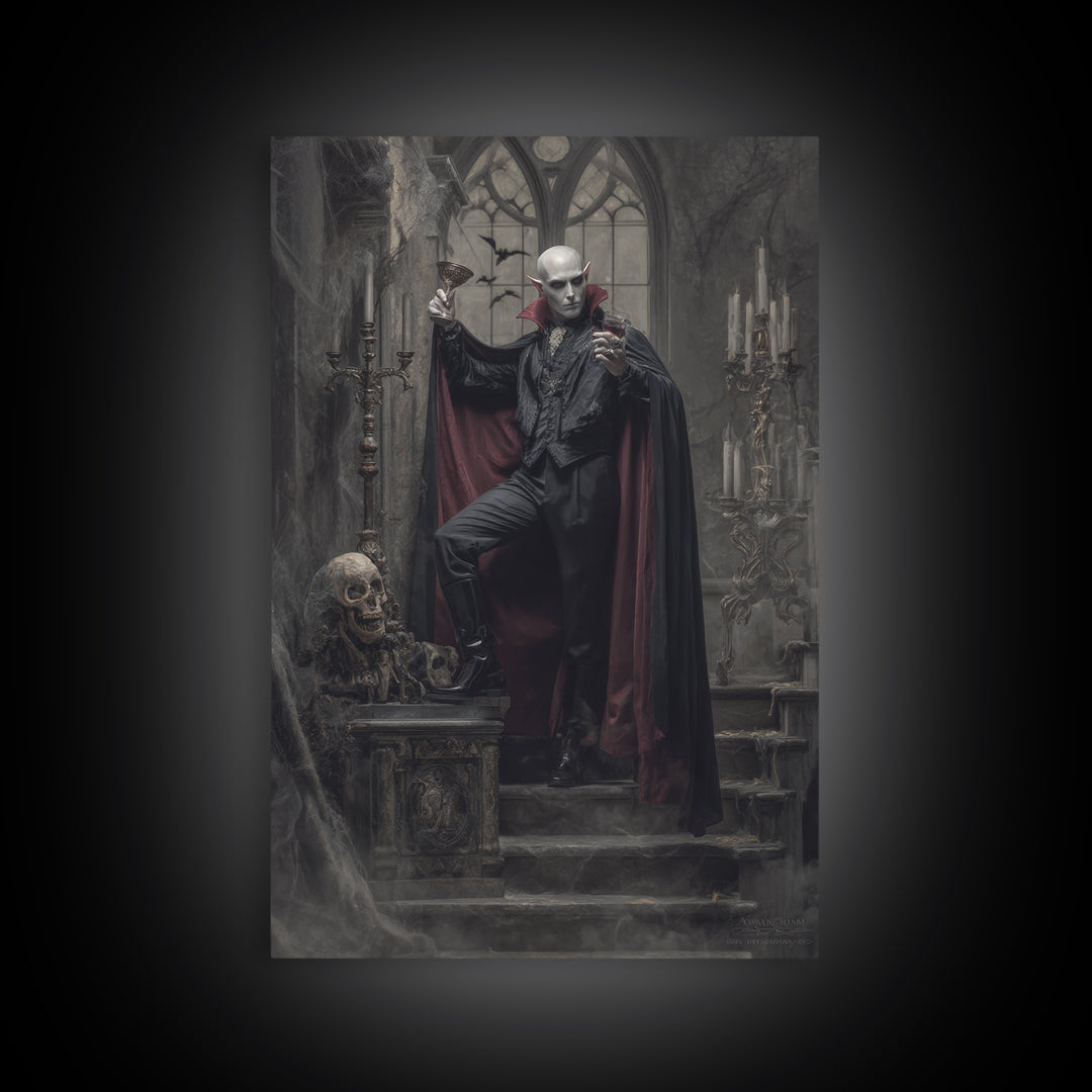 The Crimson Count Of Hollow Keep, Vertical Wall Art, Haunted Gothic Art, Framed Canvas Print, Halloween Wall Decor, Gothic Home Decor