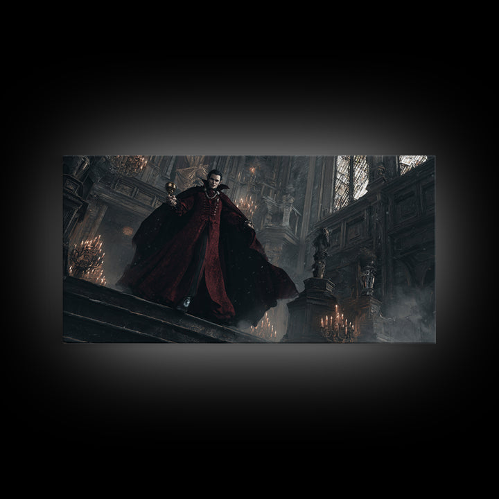 The Crimson Count Of Hollow Keep, Wide Panoramic Art, Gothic Horror Wall Art, Framed Canvas Print, Halloween Wall Decor, Gothic Home Decor