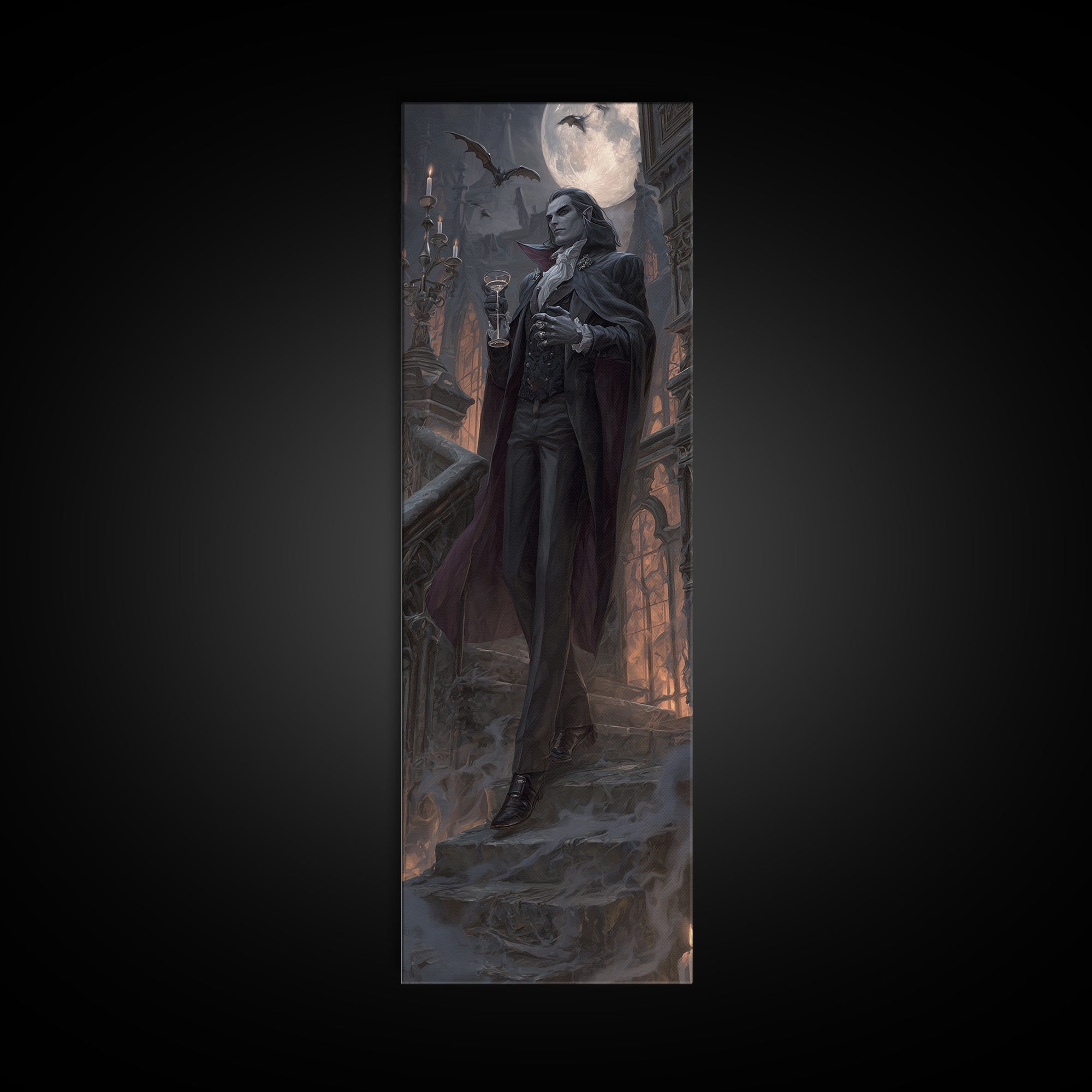 The Crimson Count Of Hollow Keep, Tall Narrow Wall Art, Macabre Wall Art, Framed Canvas Print, Halloween Wall Decor, Gothic Home Decor