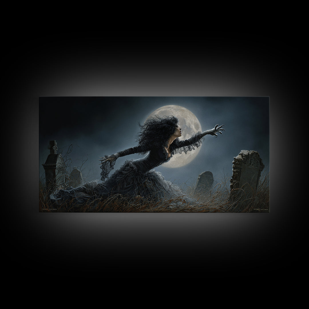 The Widow Wolf Of Briar Moon, Wide Panoramic Art, Macabre Wall Art, Framed Canvas Print, Halloween Wall Decor, Gothic Home Decor