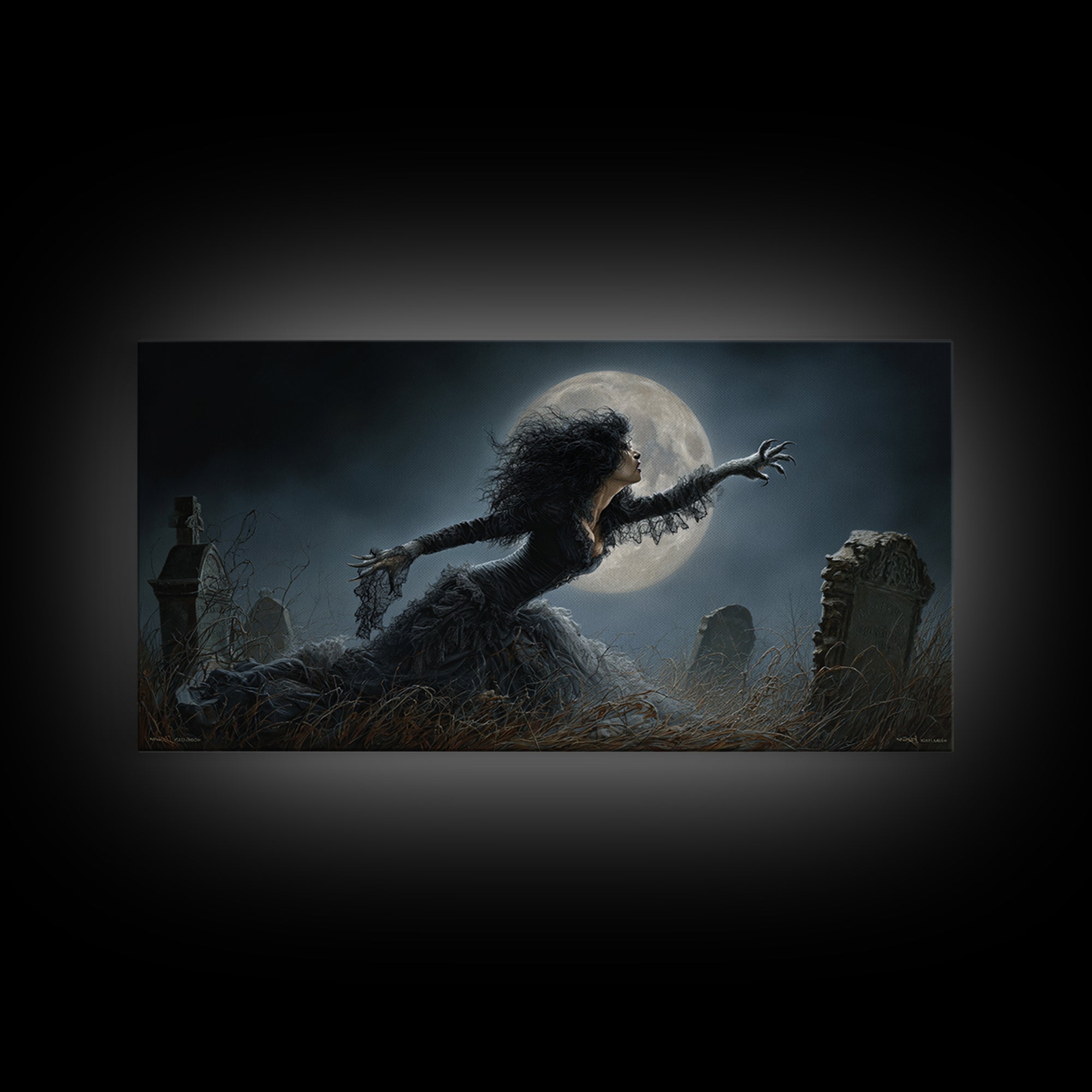 The Widow Wolf Of Briar Moon, Wide Panoramic Art, Macabre Wall Art, Framed Canvas Print, Halloween Wall Decor, Gothic Home Decor