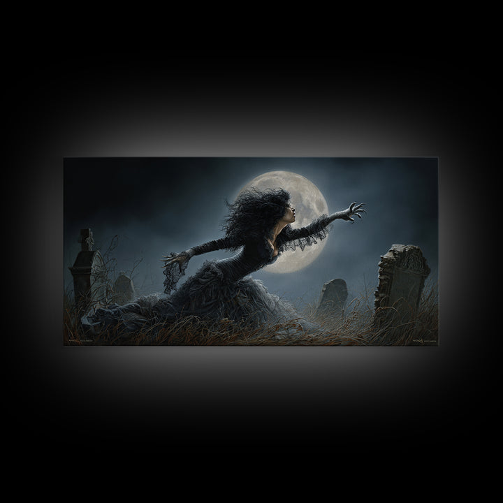 The Widow Wolf Of Briar Moon, Wide Panoramic Art, Macabre Wall Art, Framed Canvas Print, Halloween Wall Decor, Gothic Home Decor