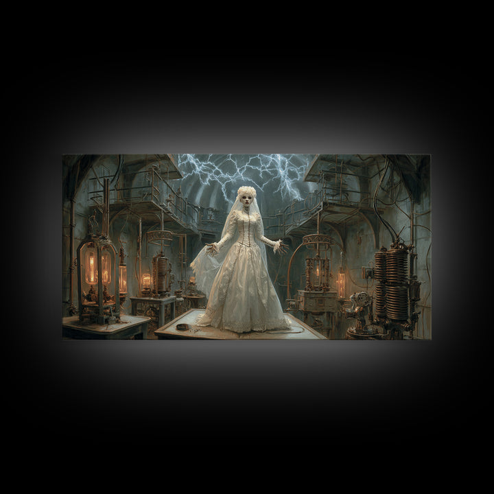 The Stitched Bride Of Thunder Hall, Wide Panoramic Art, Dark Fantasy Wall Art, Canvas Print, Halloween Wall Decor, Gothic Home Decor