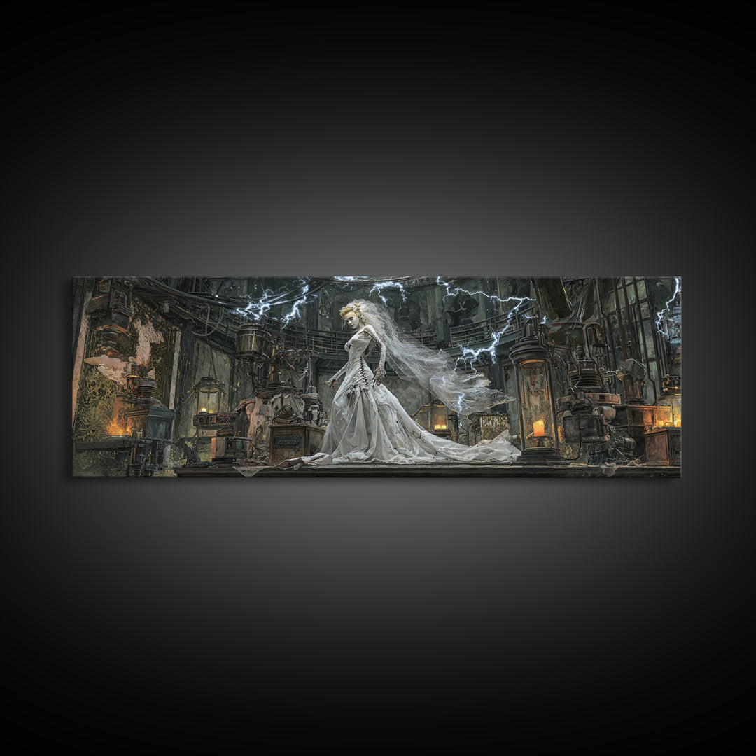 The Stitched Bride Of Thunder Hall, Extra Wide Wall Art, Haunted Gothic Art, Framed Canvas Print, Halloween Wall Decor, Gothic Home Decor