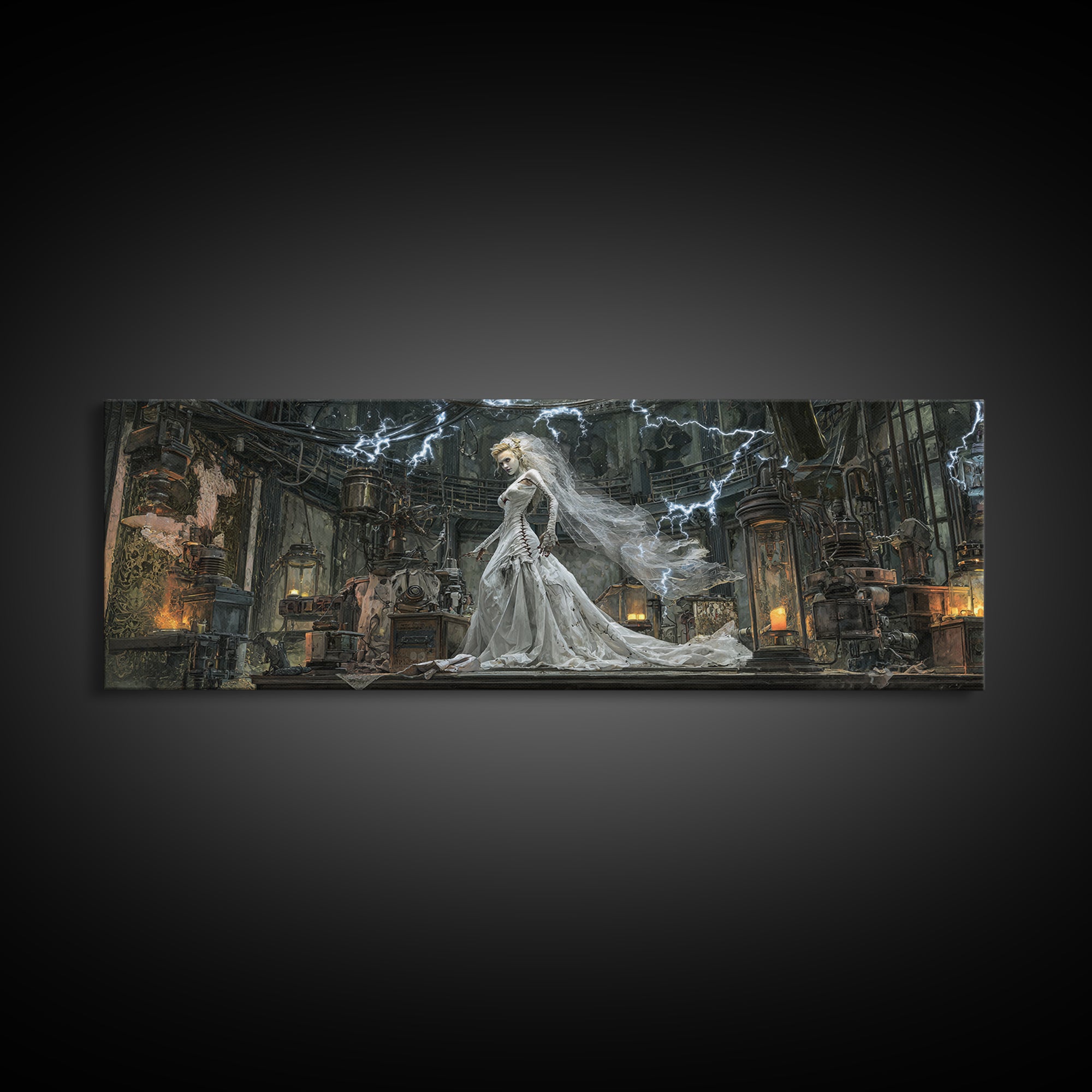 The Stitched Bride Of Thunder Hall, Extra Wide Wall Art, Haunted Gothic Art, Framed Canvas Print, Halloween Wall Decor, Gothic Home Decor