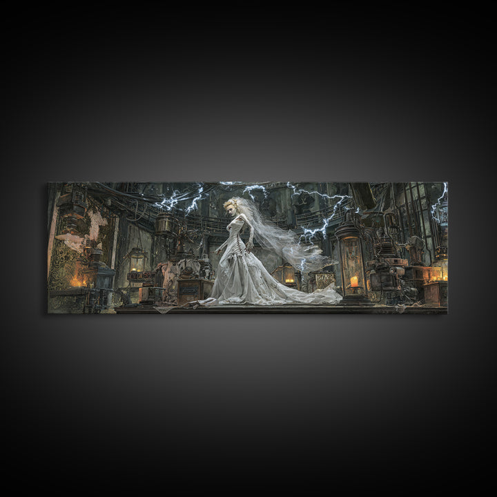 The Stitched Bride Of Thunder Hall, Extra Wide Wall Art, Haunted Gothic Art, Framed Canvas Print, Halloween Wall Decor, Gothic Home Decor