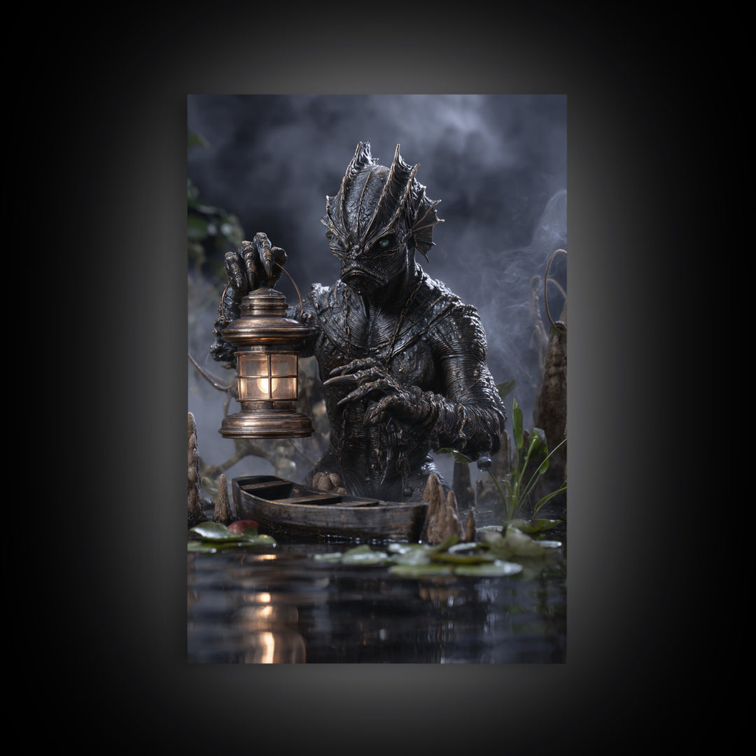 The Creature Of Lantern Lagoon, Vertical Wall Art, Dark Fantasy Wall Art, Canvas Print, Halloween Wall Decor, Gothic Home Decor