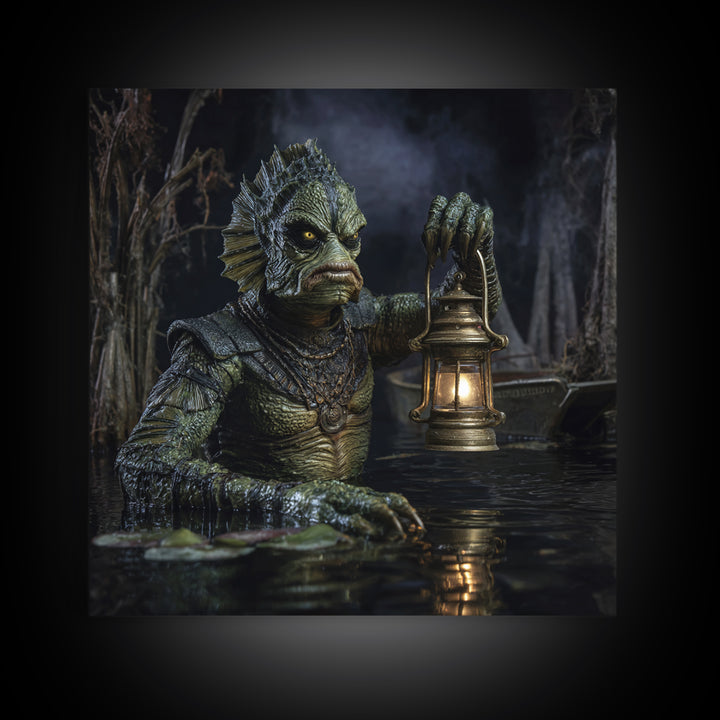 The Creature Of Lantern Lagoon, Square Wall Art, Macabre Wall Art, Framed Canvas Print, Halloween Wall Decor, Gothic Home Decor