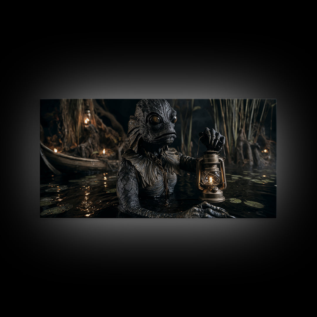 The Creature Of Lantern Lagoon, Wide Panoramic Art, Haunted Gothic Art, Framed Canvas Print, Halloween Wall Decor, Gothic Home Decor