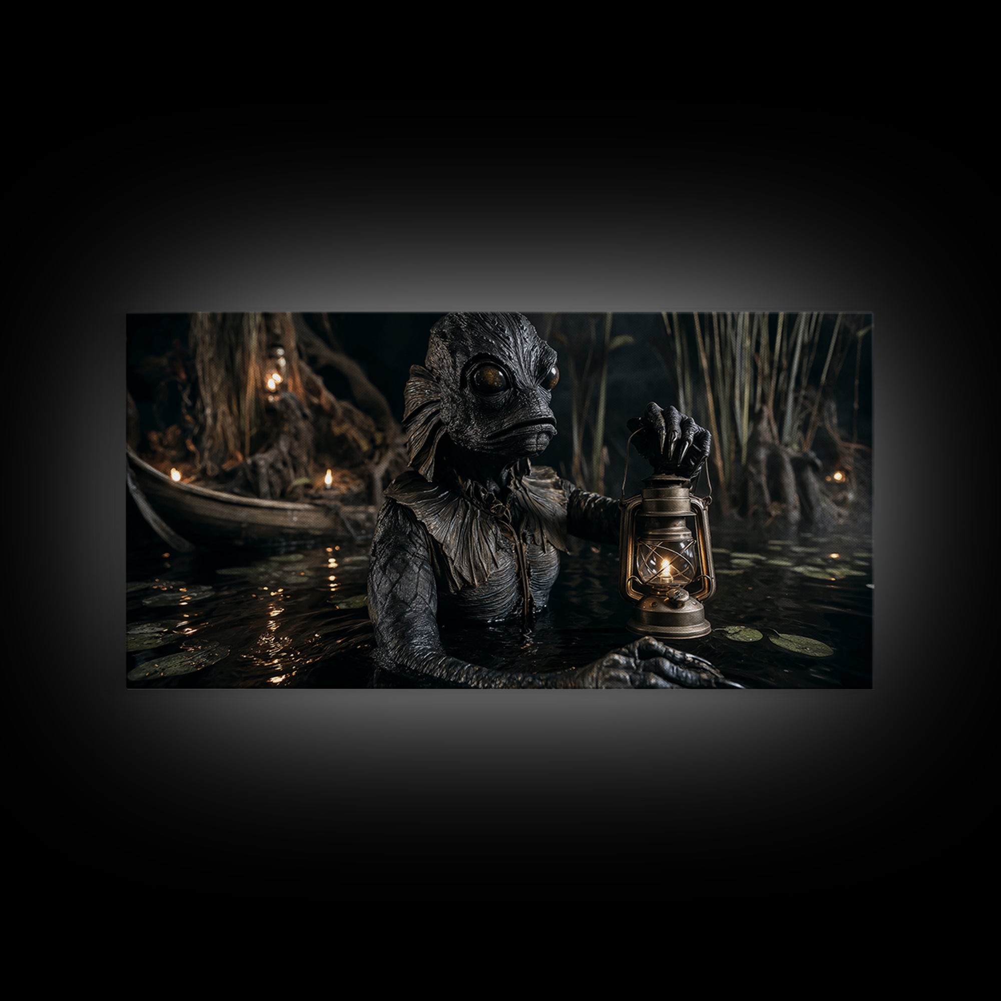 The Creature Of Lantern Lagoon, Wide Panoramic Art, Haunted Gothic Art, Framed Canvas Print, Halloween Wall Decor, Gothic Home Decor