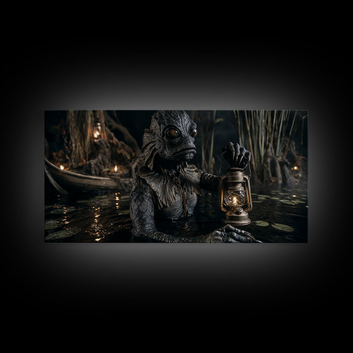 The Creature Of Lantern Lagoon, Wide Panoramic Art, Haunted Gothic Art, Framed Canvas Print, Halloween Wall Decor, Gothic Home Decor
