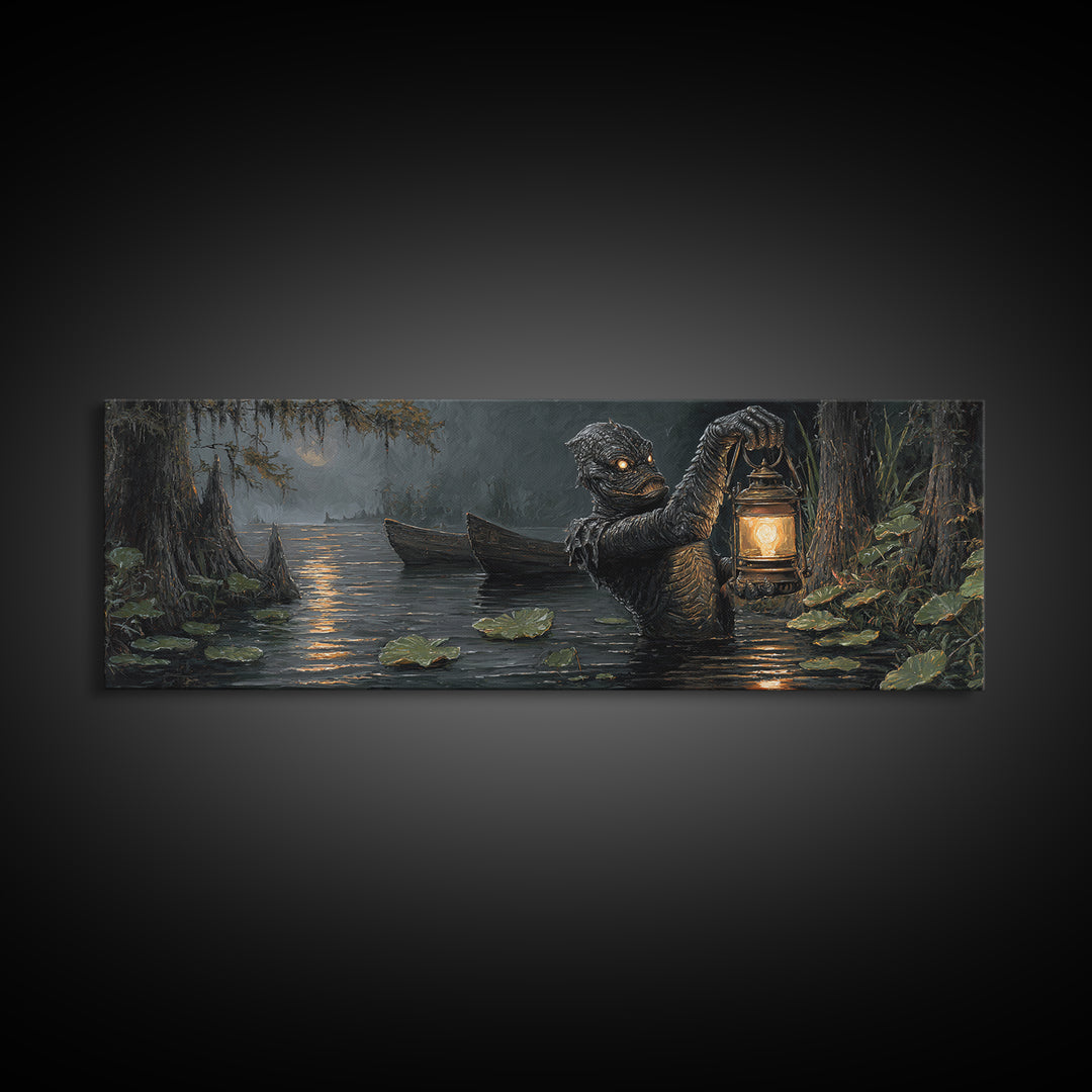 The Creature Of Lantern Lagoon, Extra Wide Wall Art, Spooky Home Decor, Canvas Print, Halloween Wall Decor, Gothic Home Decor