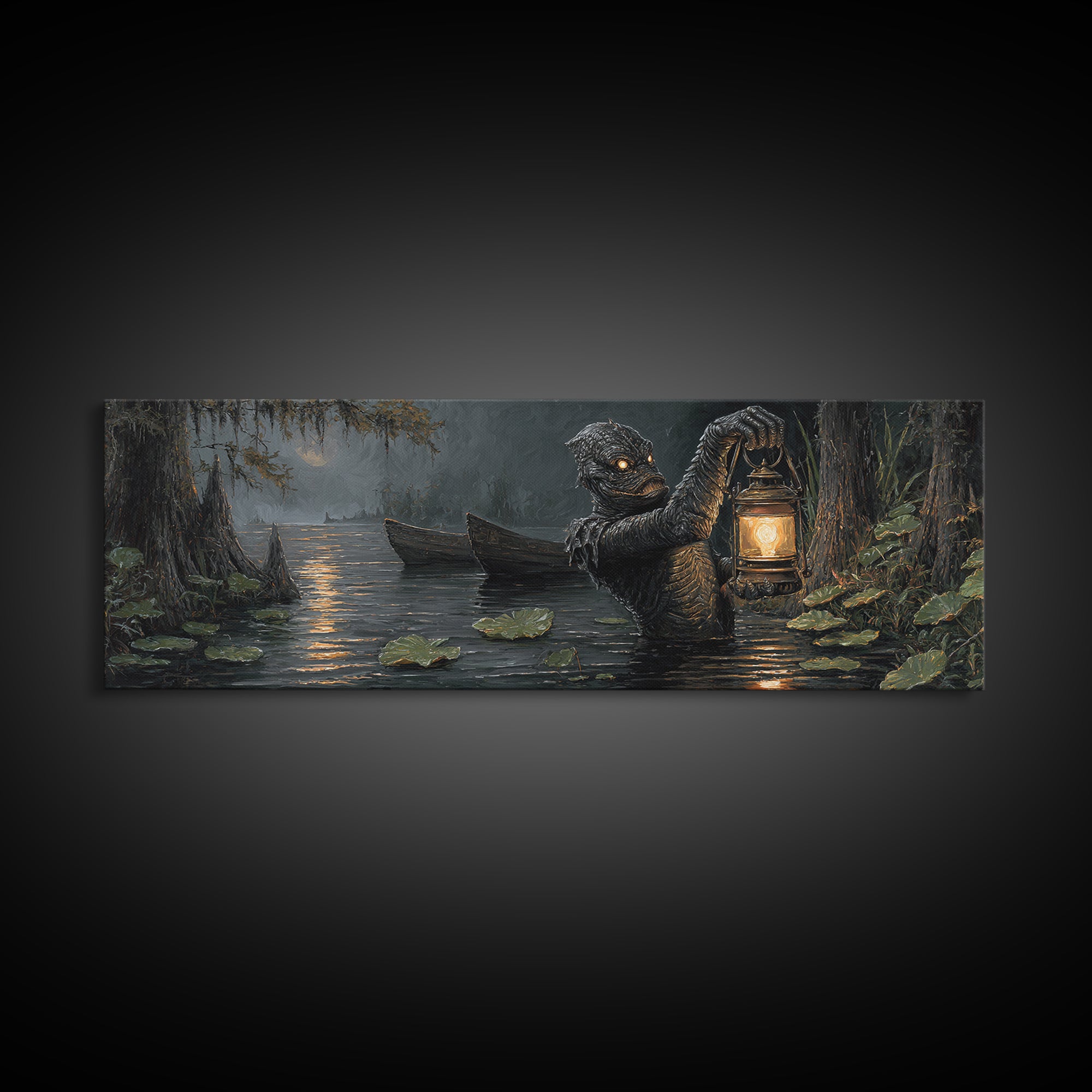 The Creature Of Lantern Lagoon, Extra Wide Wall Art, Spooky Home Decor, Canvas Print, Halloween Wall Decor, Gothic Home Decor