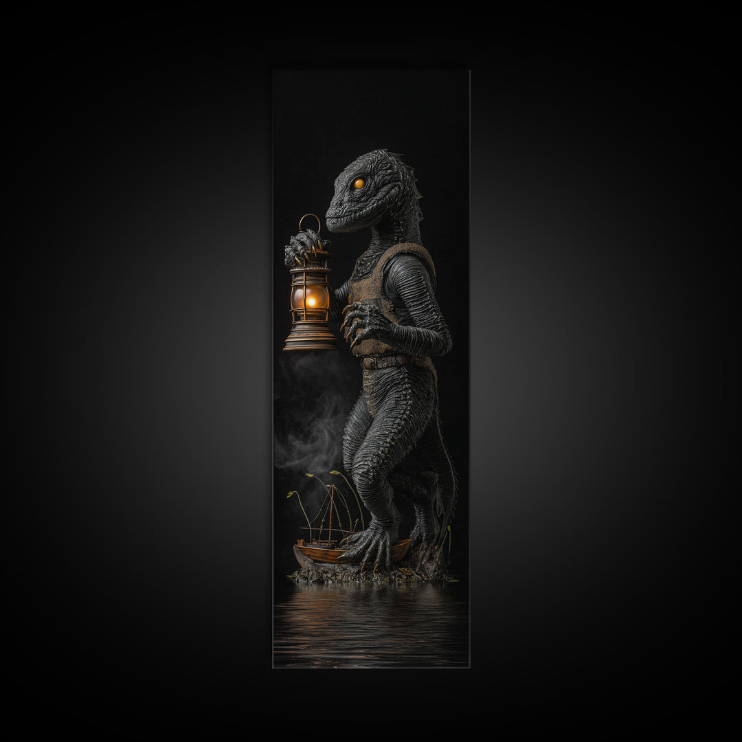 The Creature Of Lantern Lagoon, Tall Narrow Wall Art, Haunted Gothic Art, Framed Canvas Print, Halloween Wall Decor, Gothic Home Decor