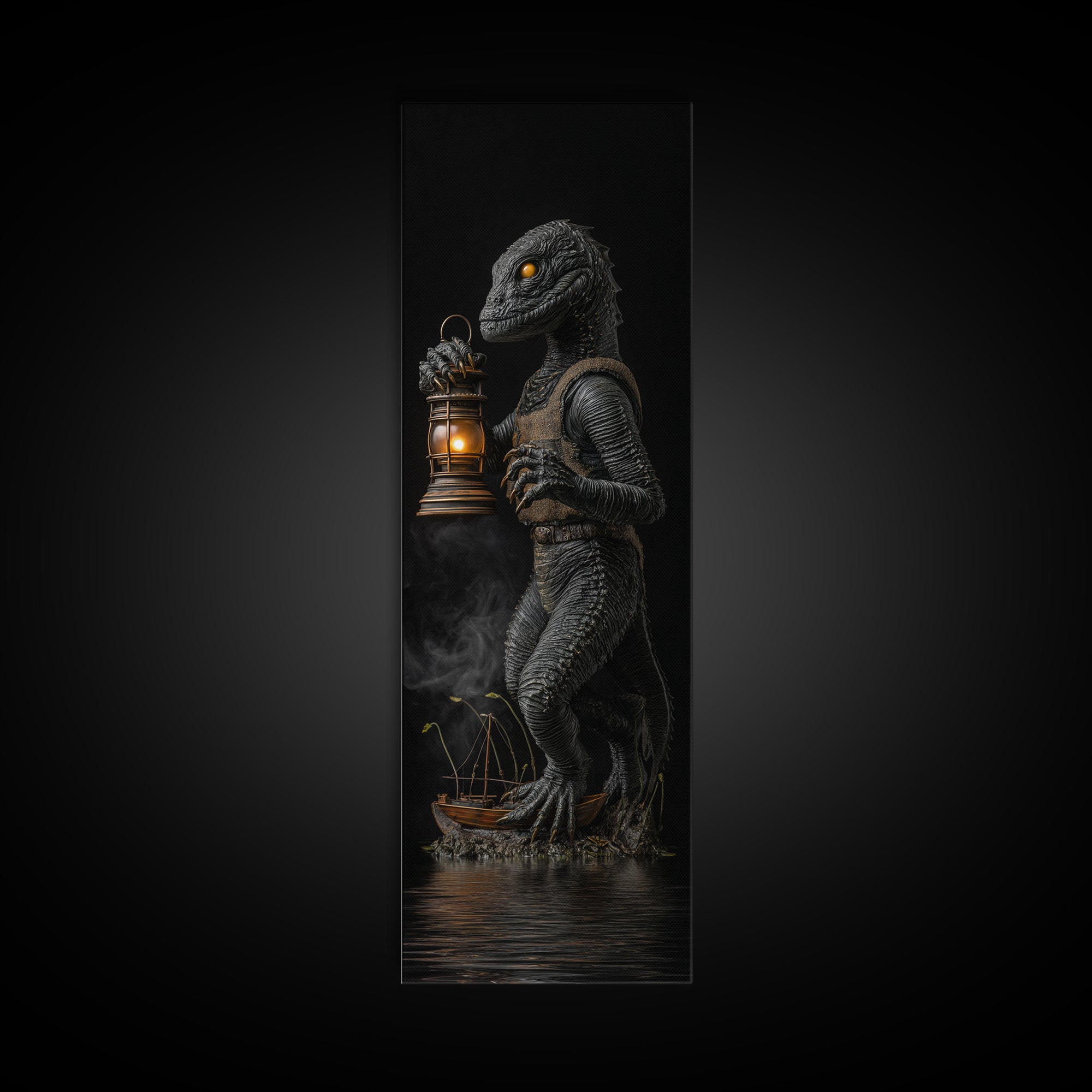 The Creature Of Lantern Lagoon, Tall Narrow Wall Art, Haunted Gothic Art, Framed Canvas Print, Halloween Wall Decor, Gothic Home Decor