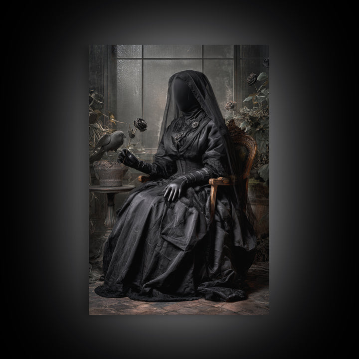The Invisible Mourner Of Glass House, Vertical Wall Art, Haunted Gothic Art, Framed Canvas Print, Halloween Wall Decor, Gothic Home Decor