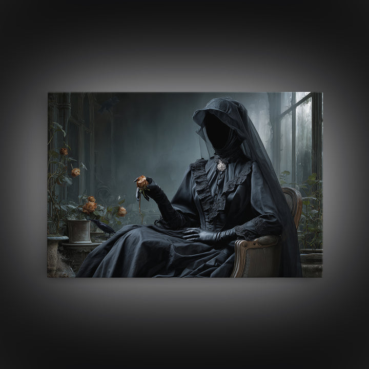 The Invisible Mourner Of Glass House, Landscape Wall Art, Haunted Gothic Art, Framed Canvas Print, Halloween Wall Decor, Gothic Home Decor