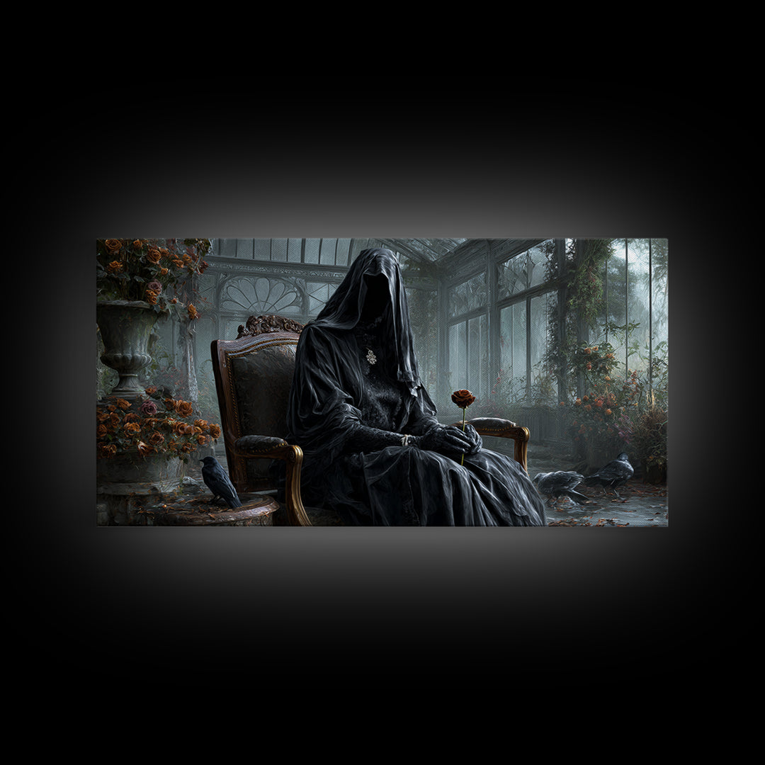 The Invisible Mourner Of Glass House, Wide Panoramic Art, Gothic Horror Wall Art, Framed Canvas Print, Halloween Wall Decor