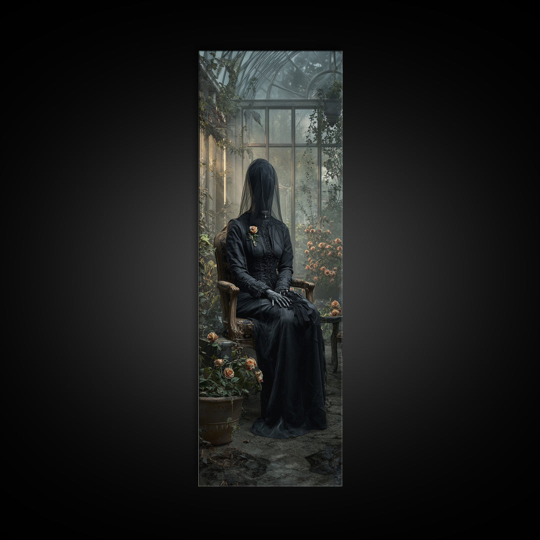 The Invisible Mourner Of Glass House, Tall Narrow Wall Art, Haunted Gothic Art, Framed Canvas Print, Halloween Wall Decor, Gothic Home Decor