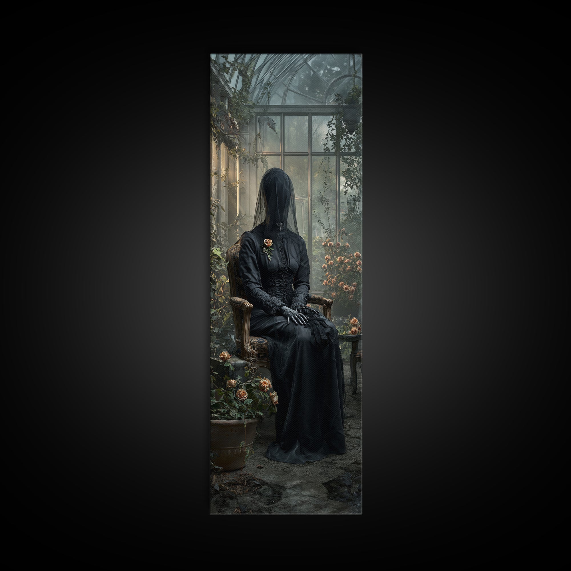 The Invisible Mourner Of Glass House, Tall Narrow Wall Art, Haunted Gothic Art, Framed Canvas Print, Halloween Wall Decor, Gothic Home Decor