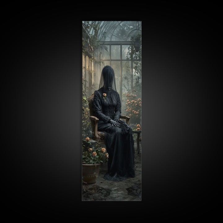 The Invisible Mourner Of Glass House, Tall Narrow Wall Art, Haunted Gothic Art, Framed Canvas Print, Halloween Wall Decor, Gothic Home Decor