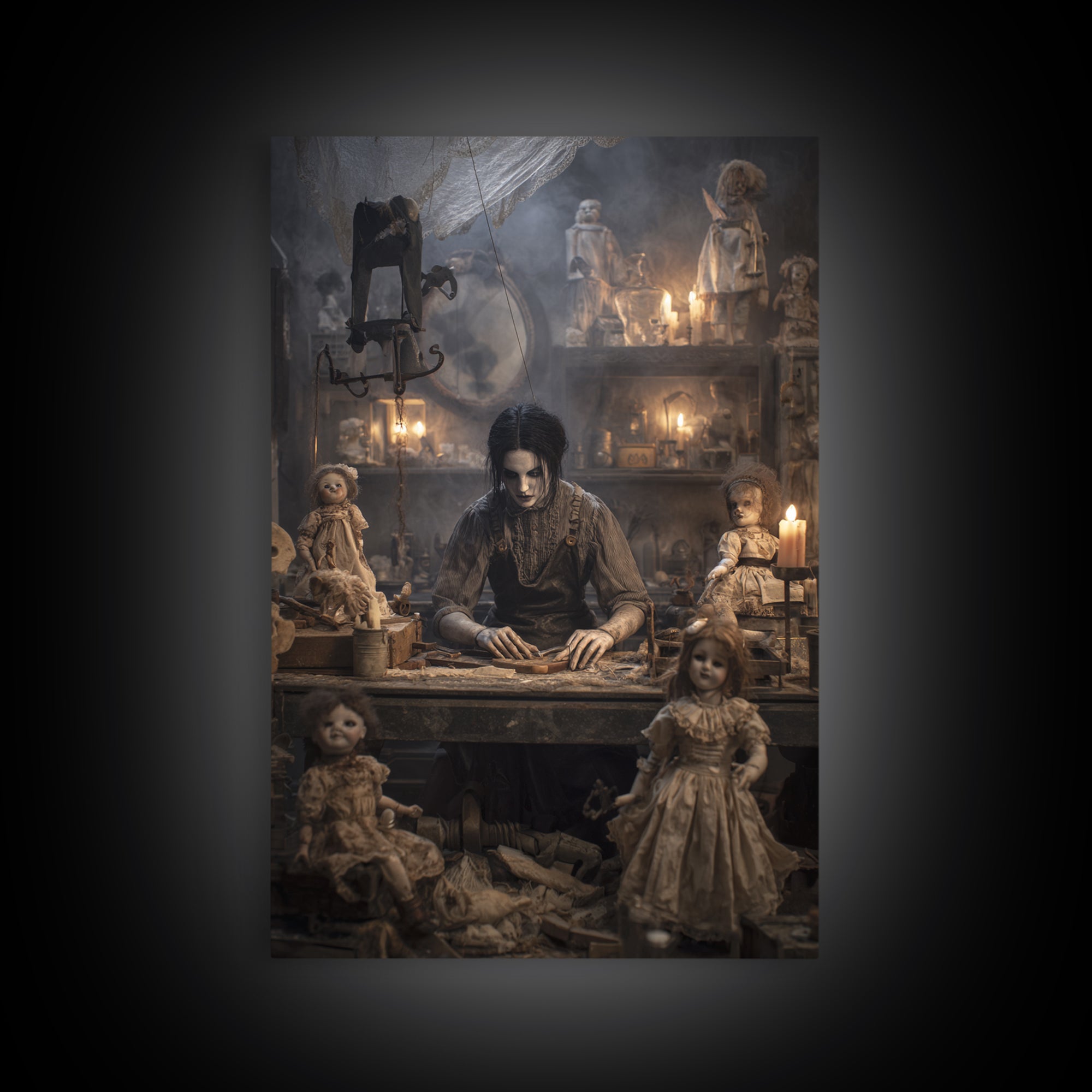 The Dollmaker Of Hollow Ward, Vertical Wall Art, Spooky Home Decor, Canvas Print, Halloween Wall Decor, Gothic Home Decor, Spooky Wall Decor