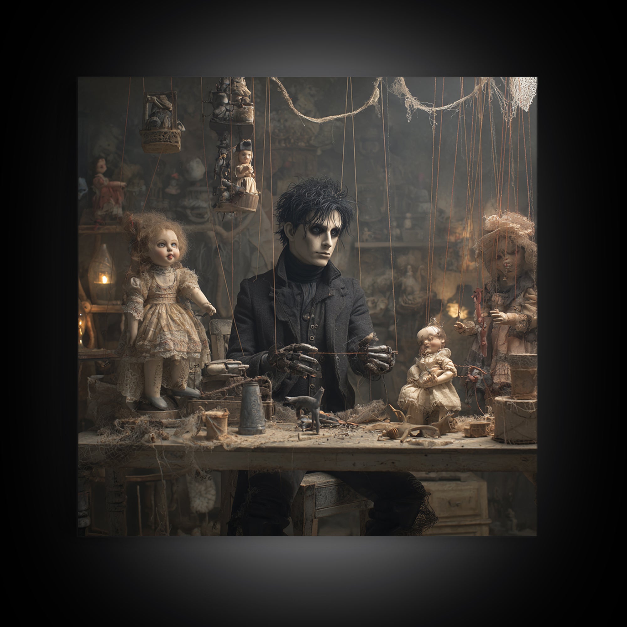 The Dollmaker Of Hollow Ward, Square Wall Art, Haunted Gothic Art, Framed Canvas Print, Halloween Wall Decor, Gothic Home Decor