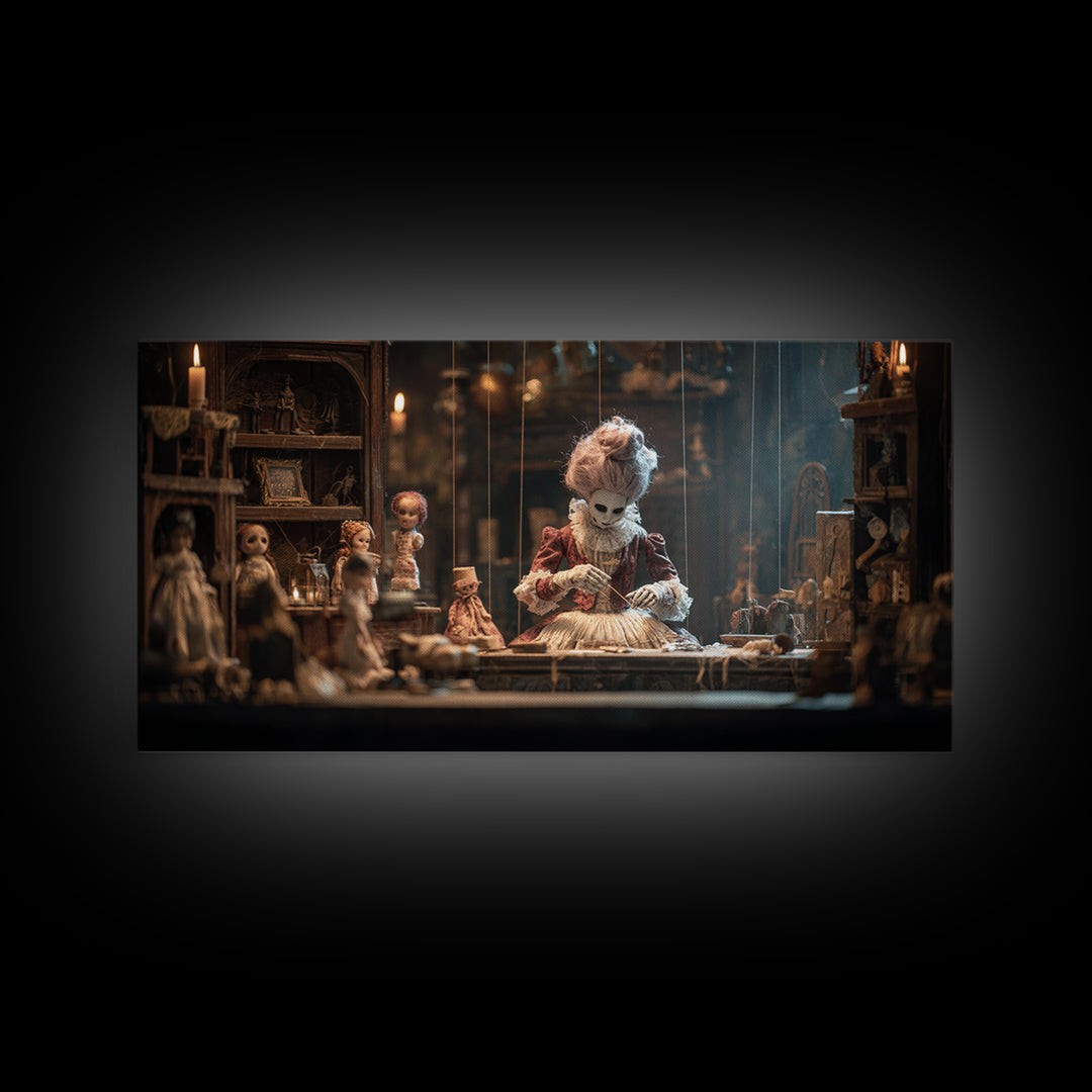 The Dollmaker Of Hollow Ward, Wide Panoramic Art, Macabre Wall Art, Framed Canvas Print, Halloween Wall Decor, Gothic Home Decor