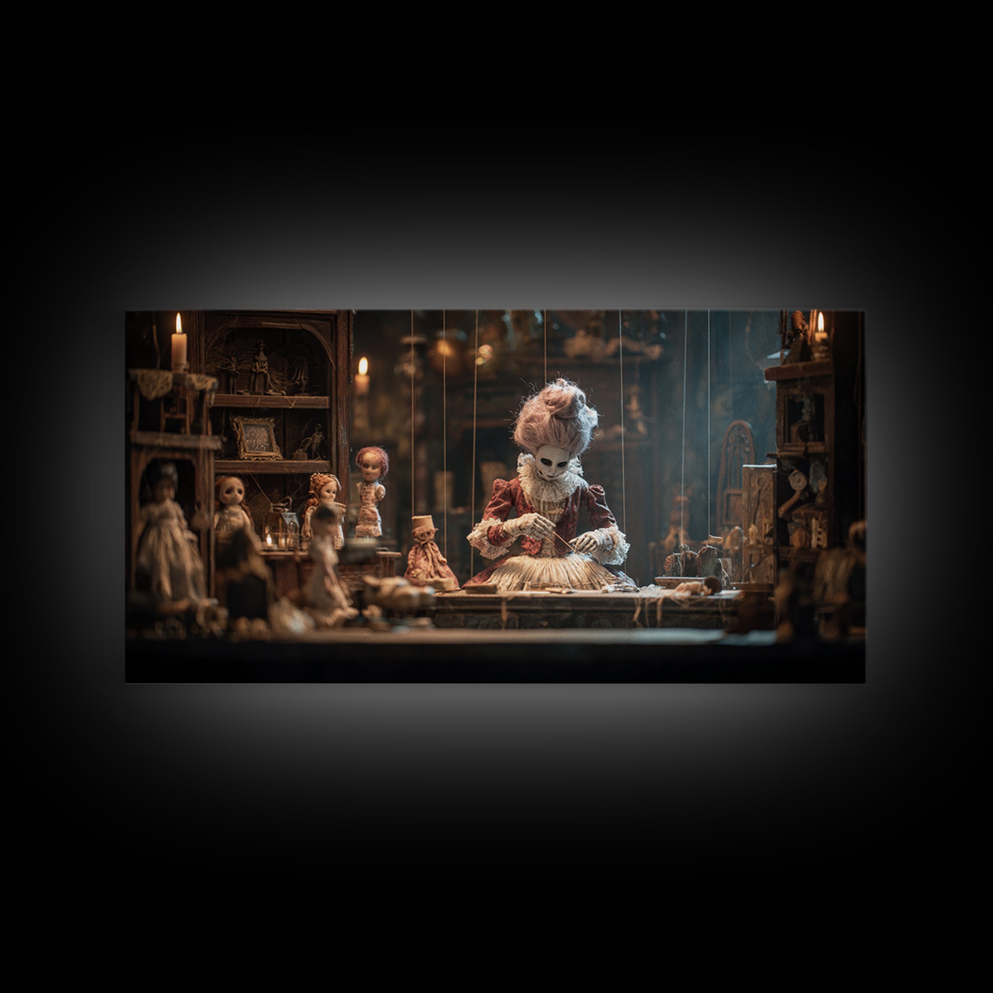 The Dollmaker Of Hollow Ward, Wide Panoramic Art, Macabre Wall Art, Framed Canvas Print, Halloween Wall Decor, Gothic Home Decor