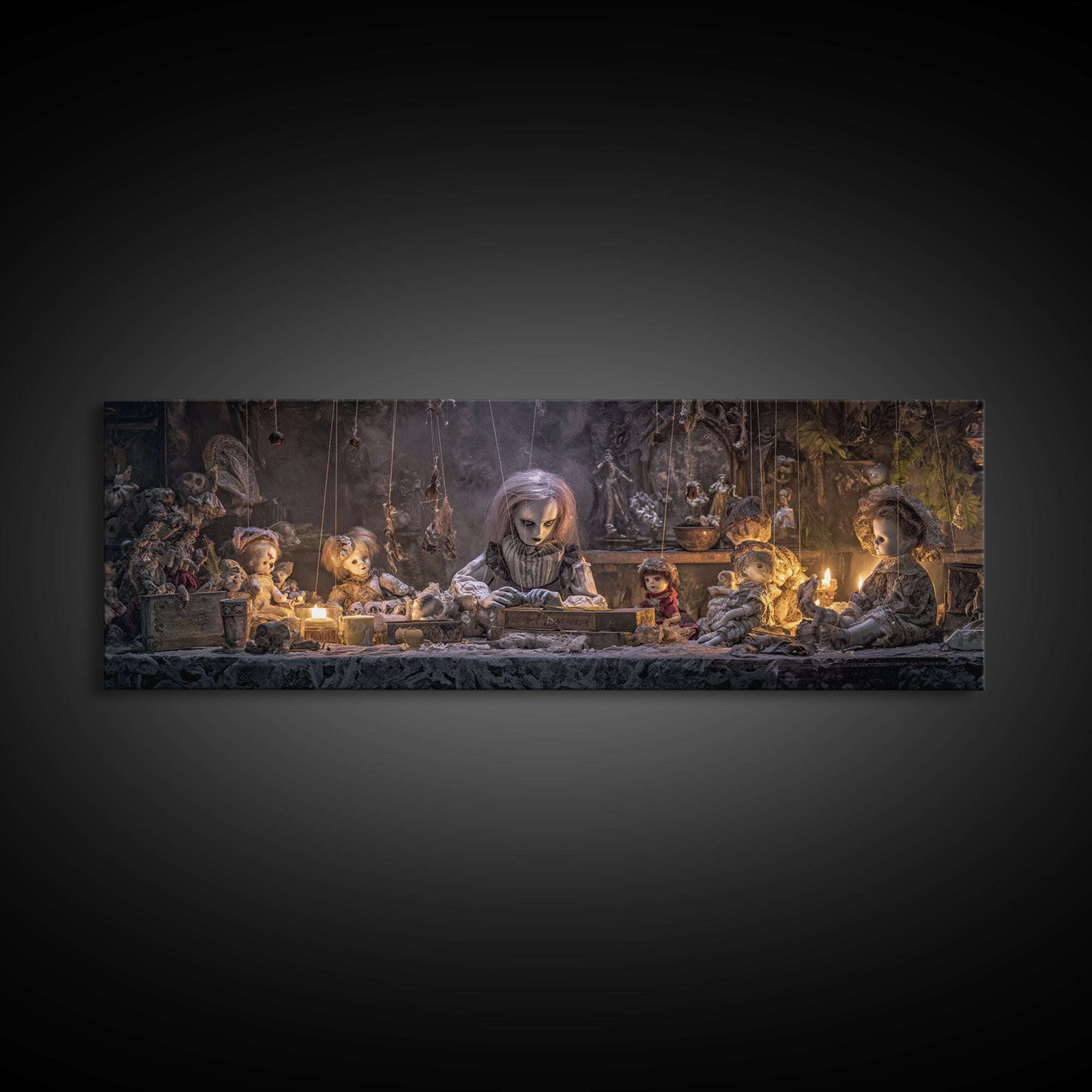 The Dollmaker Of Hollow Ward, Extra Wide Wall Art, Macabre Wall Art, Framed Canvas Print, Halloween Wall Decor, Gothic Home Decor
